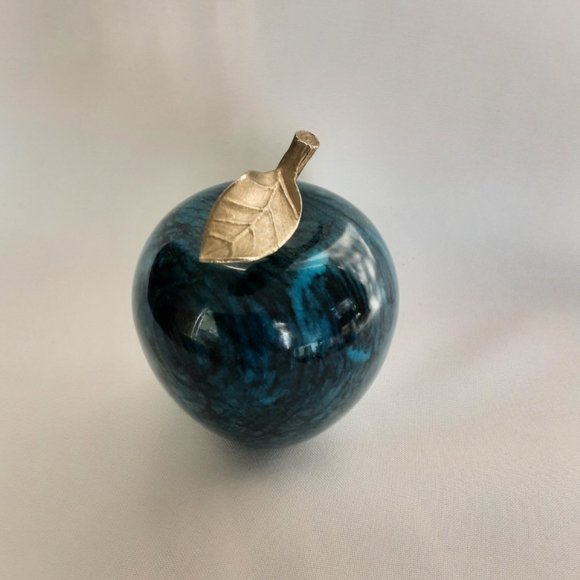 Vintage Green Marble Apple with Brass Leaf and Stem - Picture 3 of 7